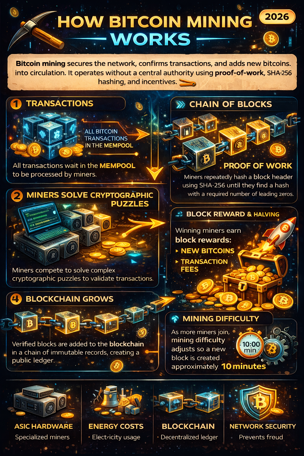 How Bitcoin Mining Works infographic showing transactions, proof of work, block rewards, difficulty adjustment, and blockchain security