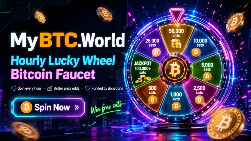 MyBTC.World Lucky Wheel Bitcoin faucet - spin every hour, win account perks, better prize odds, funded by donations